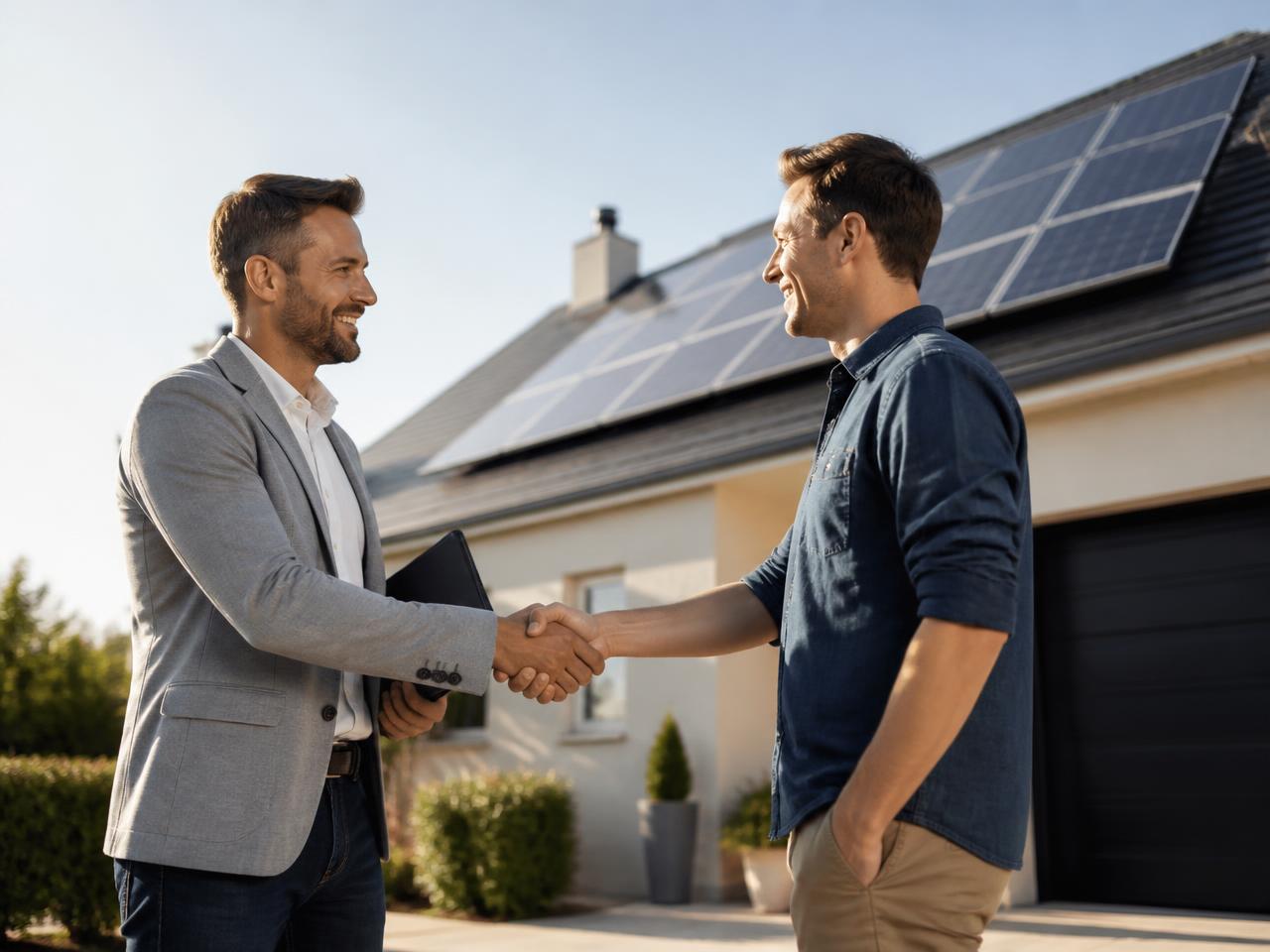 Consultor de energia solar cumprimentando um cliente em frente a painéis fotovoltaicos