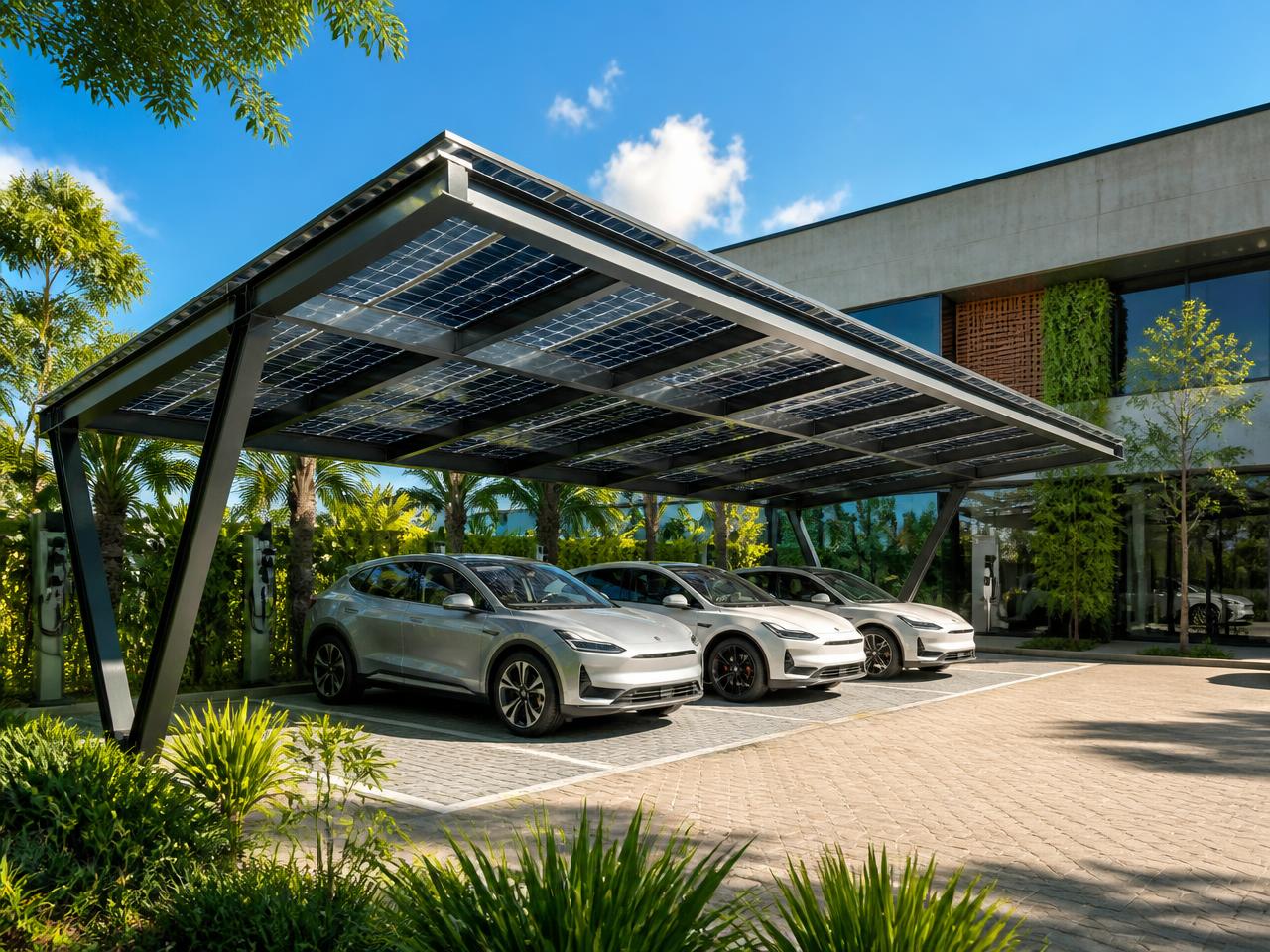 Carport solar sobre estacionamento com painéis fotovoltaicos