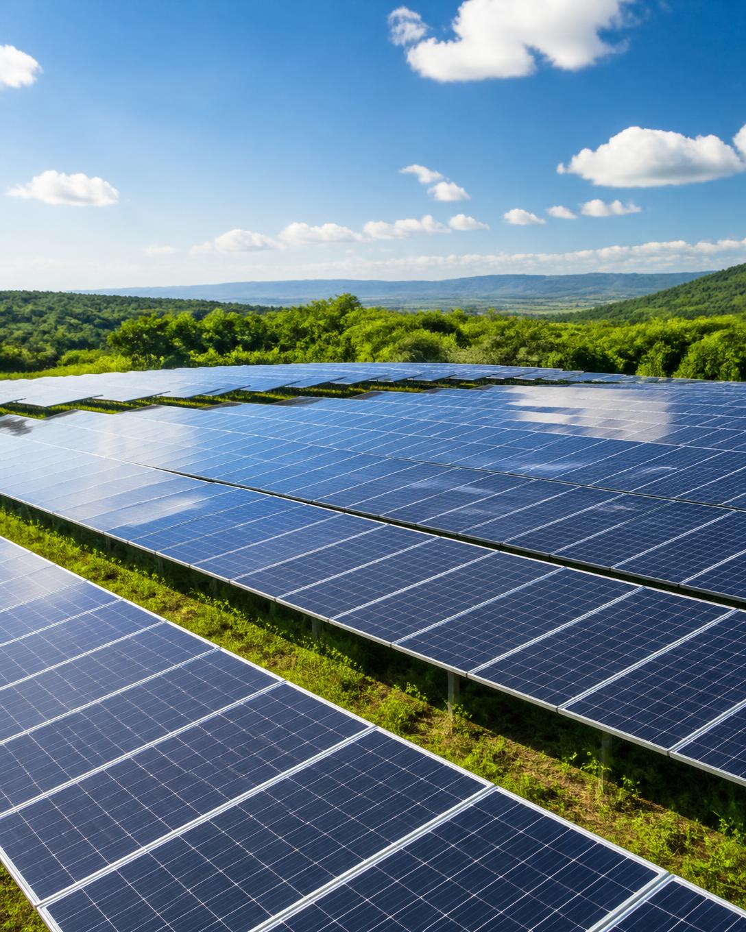 Usina solar fotovoltaica ao entardecer com painéis iluminados